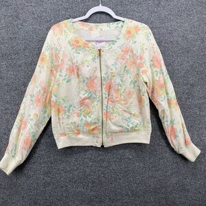 Candies Jacket Junior M Beige Pink Floral Full Zip Bomber Casual Romantic Boho